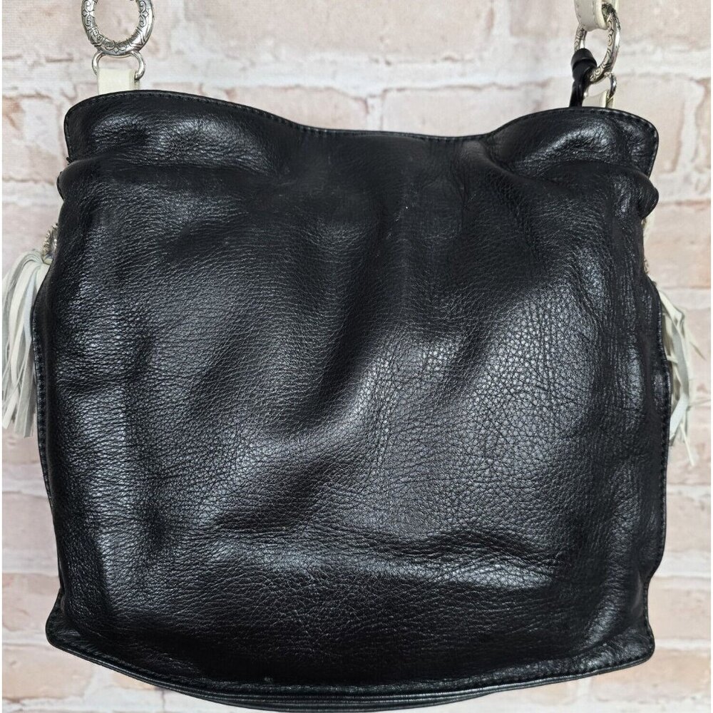 BRIGHTON GLORIETTA Black Leather White Tasseled Crossbody Bag Purse Organizer - Picture 3 of 16